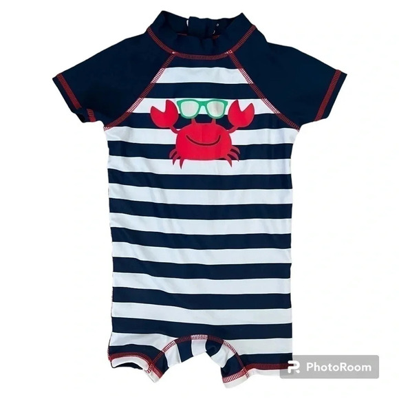 Floatimini short sleeve half zip one piece bathing suit, navy/white and crab 12M - Picture 1 of 2